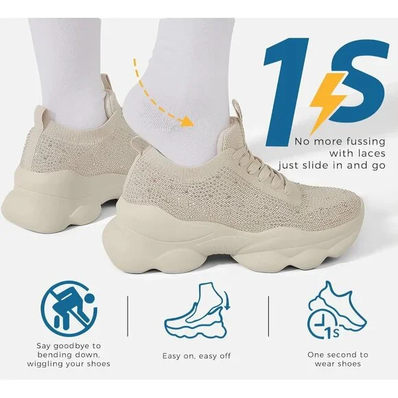 Lucky Step Women's Beige Rhinestone Sneaker Chunky Sparkly Bling Mesh Slip on - Picture 7 of 9